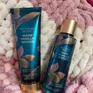 Victoria's Secret Warm Vanilla Woods Lotion & Mist in Teal with Gold Accents